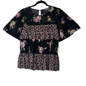 Luna Top Blouse Women large Short sleeve ruffles‎ Floral Fairy Bohemian Roses